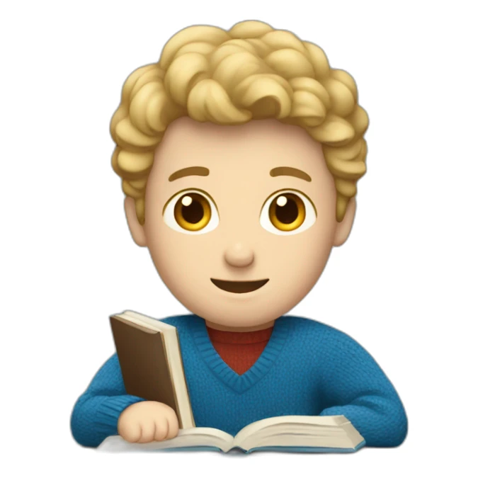 Man with fair skin in blue sweater studying sticker