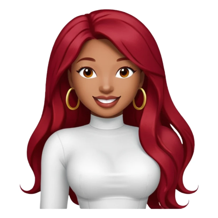Megan Thee Stallion with long dark red hair, white outfit sticker