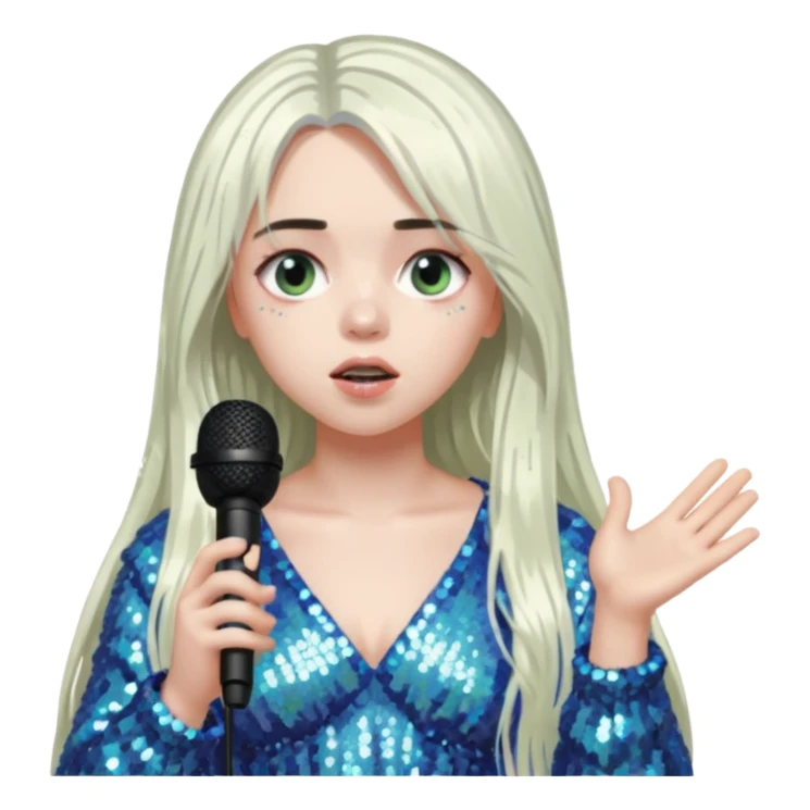 billie eilish is singing, 2 hands holding mirco and twinkle dresss, white long hair sticker