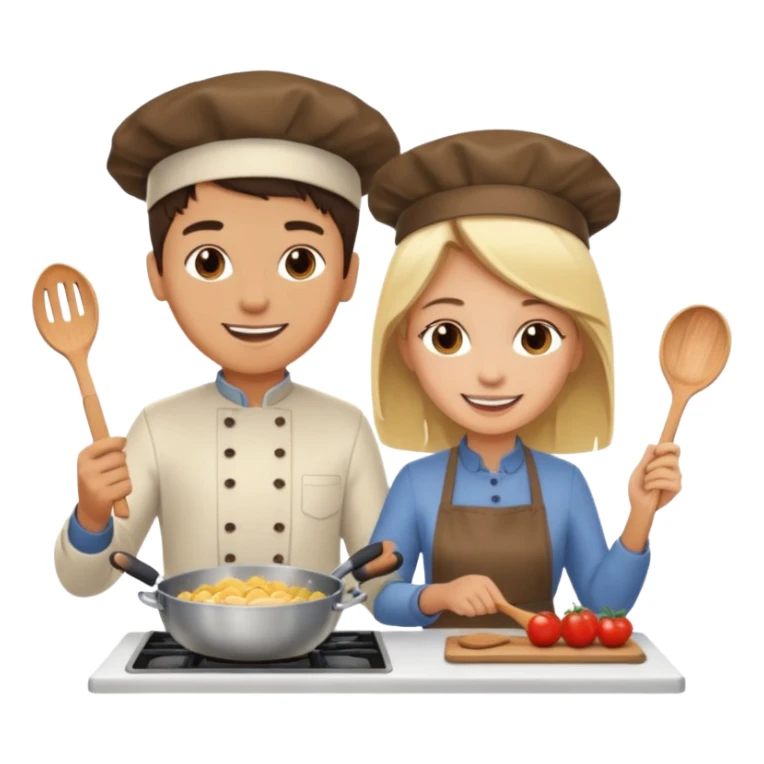 create a brunette boy and a blonde girl cooking emoji  sticker