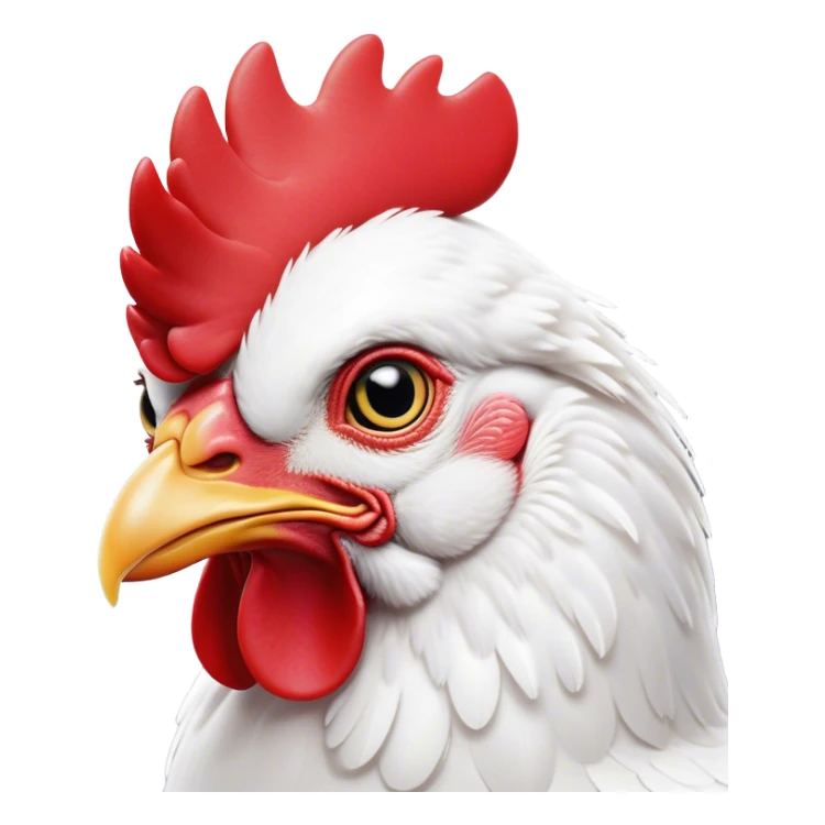 Cinematic Noble White Chicken Portrait Emoji, Poised and regal, with a compact, sturdy build and a pristine, well-groomed pure white plumage, deep-set soulful beady eyes, Simplified yet sharp and sophisticated features, highly detailed, glowing with a soft, dignified glow, high shine, intelligent and alert, stylized with an air of barnyard elegance, focused and attentive, soft glowing outline, capturing the essence of a watchful and confident fowl, so majestic it feels as though it could strut out of the screen with effortless authority! sticker