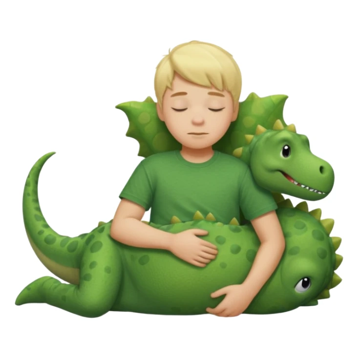Blond boy sleeping wearing a green dinosaur t-shirt sticker