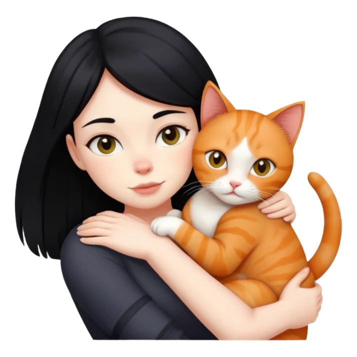A black-haired girl hugs a ginger cat and A black cat sticker