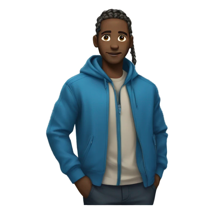 African man with braids and blue zip up jacket with anime shirt under jacket  sticker