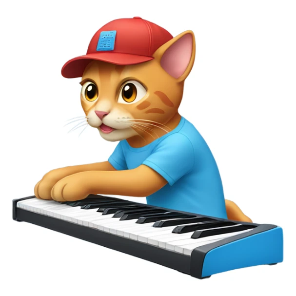 tan-red cat wearing a light-blue t-shirt and a blue base cap taps musical keyboard sticker