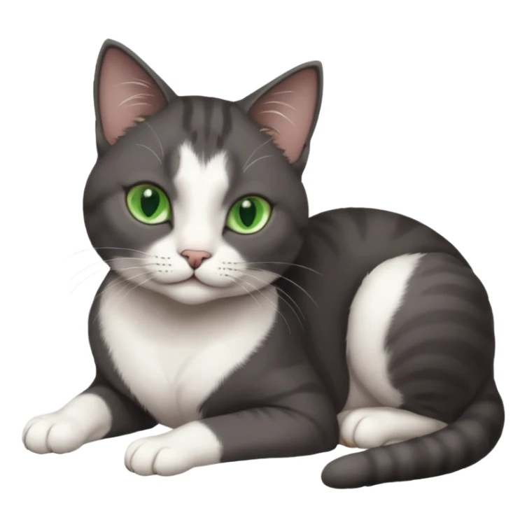 beautiful female solid dark grey cat with green eyes, white toes/paws and white patch on her chest lying down sticker