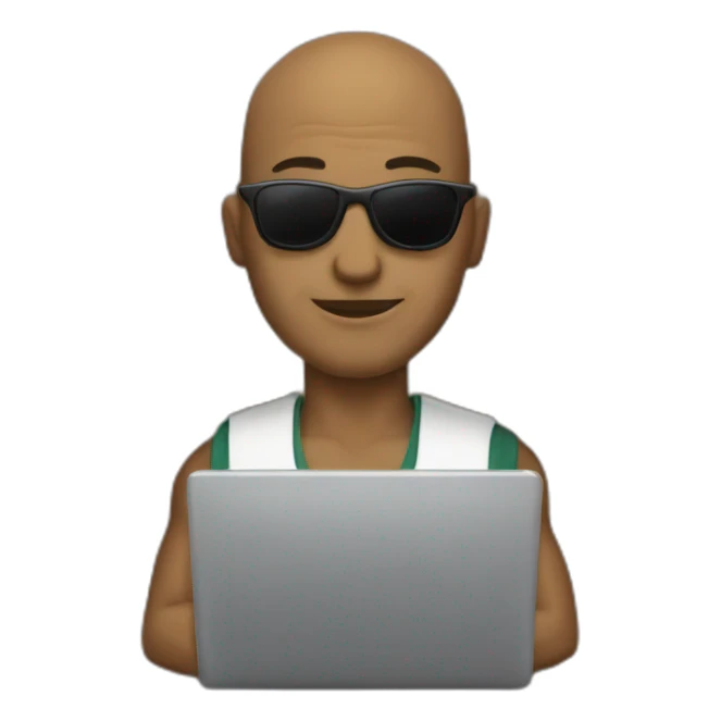a stronge bald man with sunglasses holding a laptop sticker