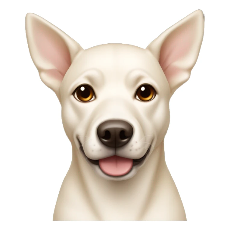 cream white colored dog, pointy ears, brown eyes, light brown nose sticker