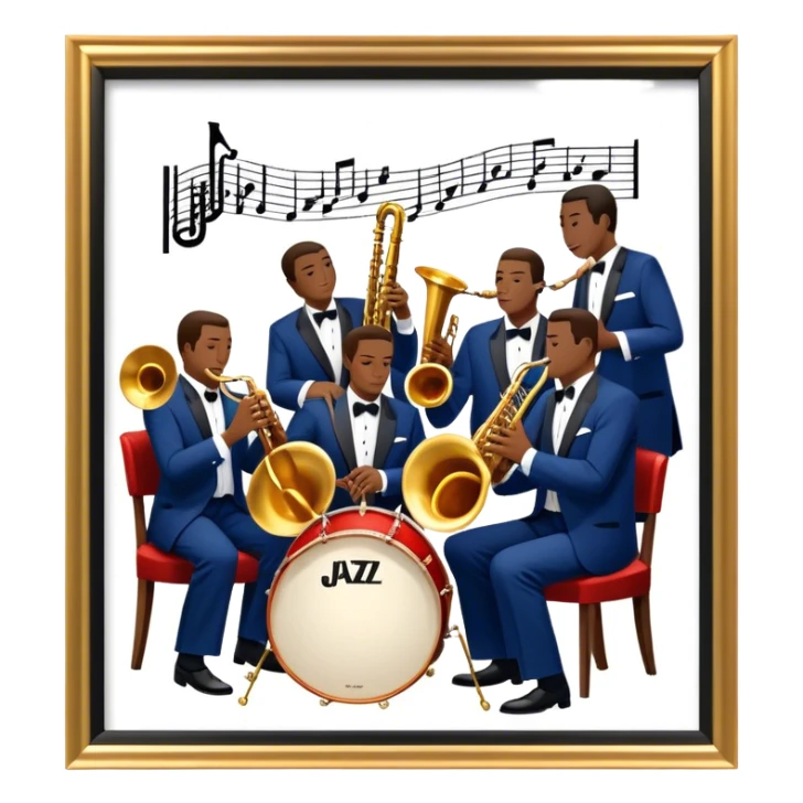 Icon for Jazz Music: The Jazz Messengers, featuring a dynamic composition with Art Blakey on drums and musicians playing saxophone, trumpet, and piano. Musical notes and a warm jazz club atmosphere emphasize the vibrant hard bop style. Transparent background. sticker