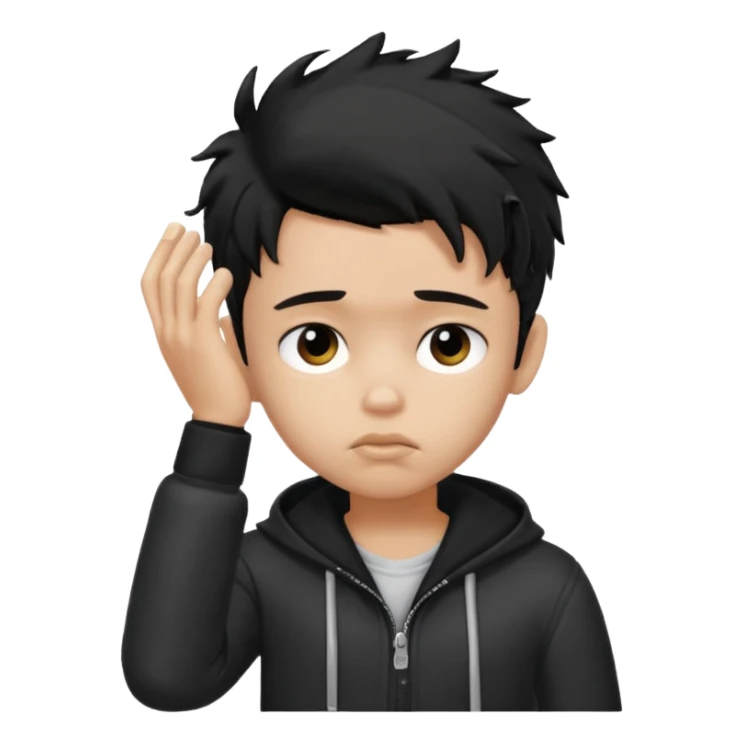 a PRETTY BRATZ boy with black messy hair, one hand on head. looking sad sticker
