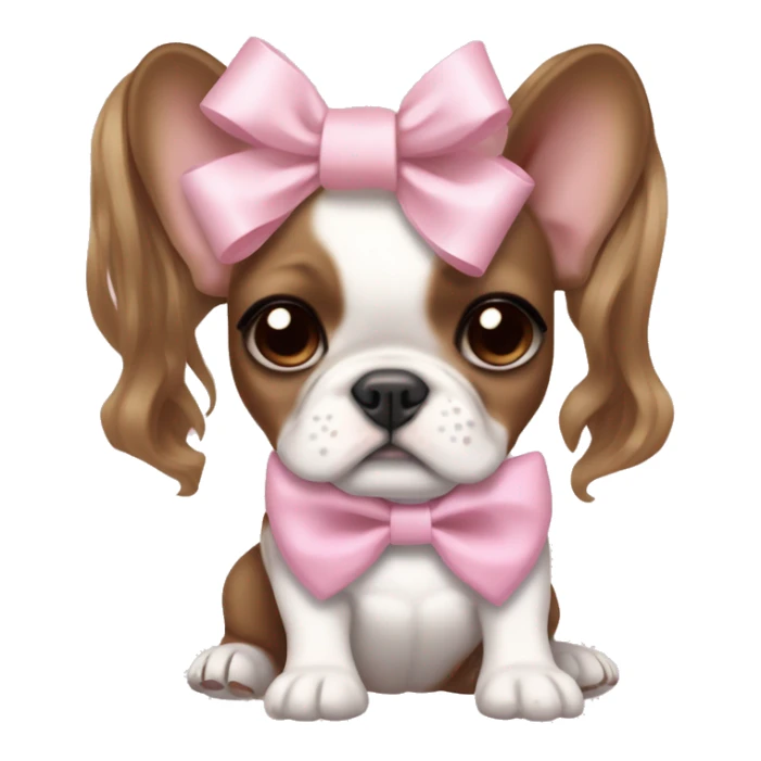 pale girl with medium brown wavy hair with bright hazel eyes and wearing a light pink hair bow holding a brown and white french bulldog puppy also wearing a hair bow sticker