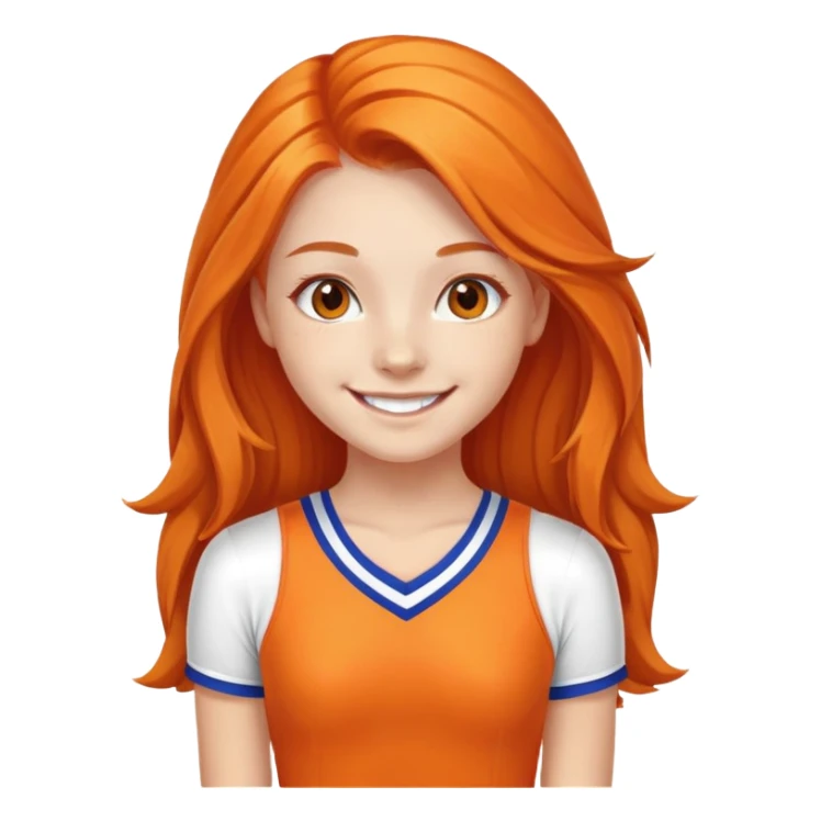 - Nữ
- 15 tuổi
- Da trắng
- Tóc dài, bờm cam
- Mặt cười mỉm
- Áo cổ vũ
 sticker