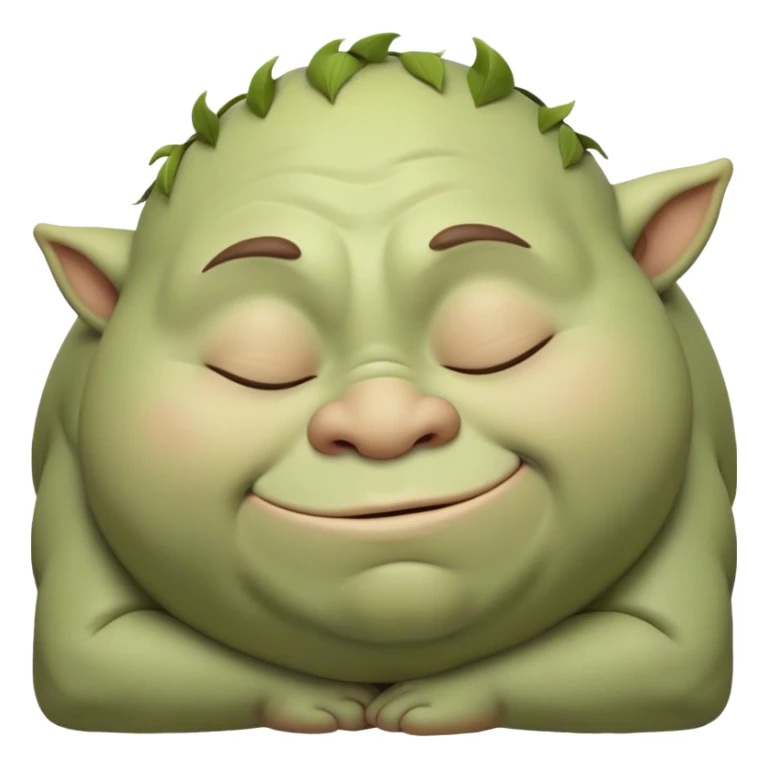 Meme-Worthy Cute Sleeping Ogre Portrait Emoji, with a surprisingly endearing, plump figure in soft earthy greens and browns, head drooping gently with closed, relaxed eyes and a content, sleepy grin, simplified yet adorably detailed, glowing with a soft warm outline that captures the peaceful slumber of a friendly ogre after a day of gentle mischief! sticker