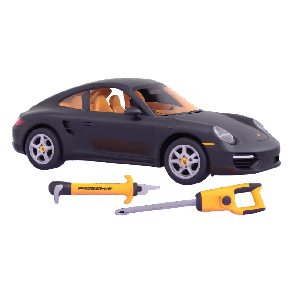 Porsche luxury car with dent repair tools like a lever and small hammer, elegant and modern sticker