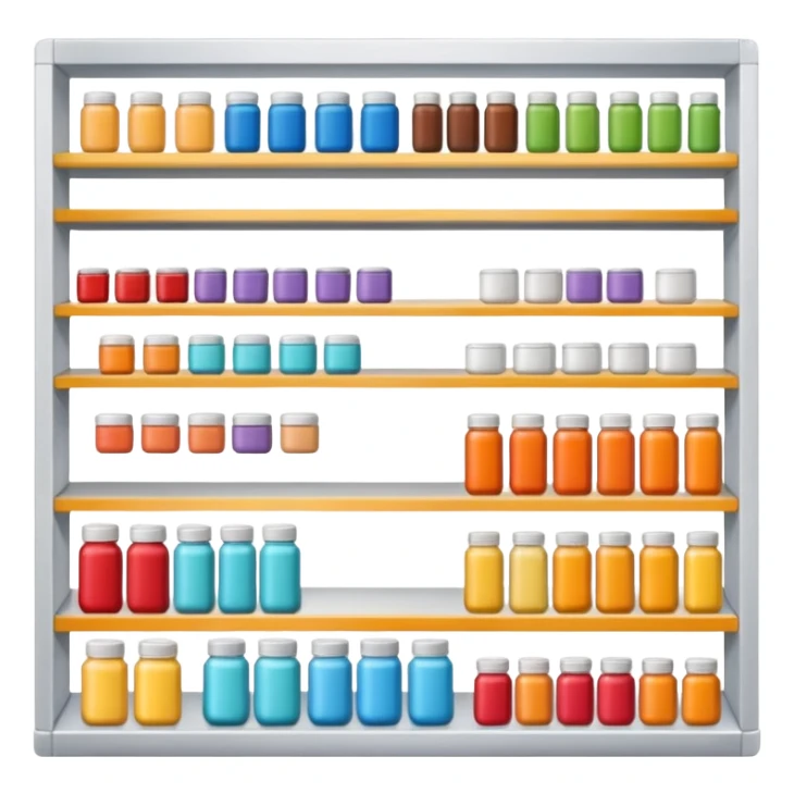 "Each product is stocked in multiple units placed directly behind one another on the same shelf, forming deep horizontal lines of identical items, while different product types are arranged vertically in separate columns." sticker