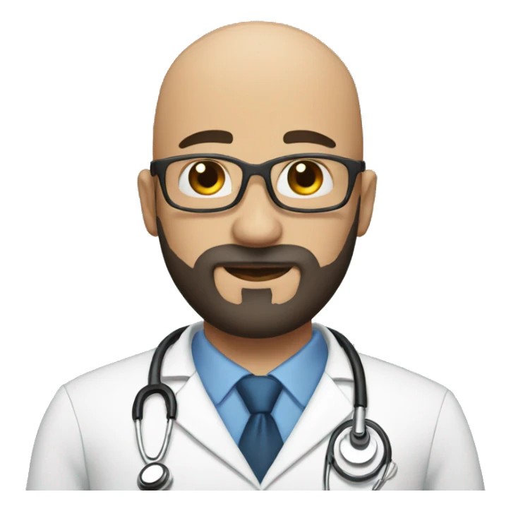 Bald male doctor with black beard and a crown sticker