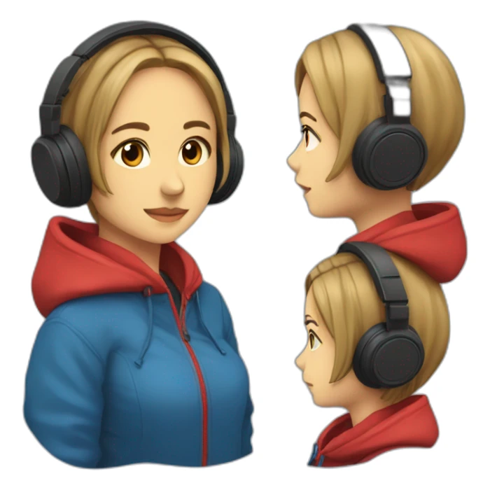 Lo-fi girl studing headphones, blue jacket, red hoodie sticker