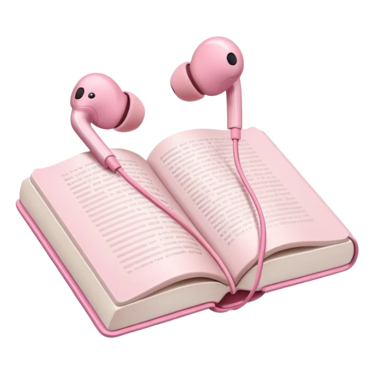  pink Pink Apple-style earbuds lying on an open book, soft pastel tones, cozy and minimal aesthetic, realistic lighting and shadows, top-down view, transparent background" sticker
