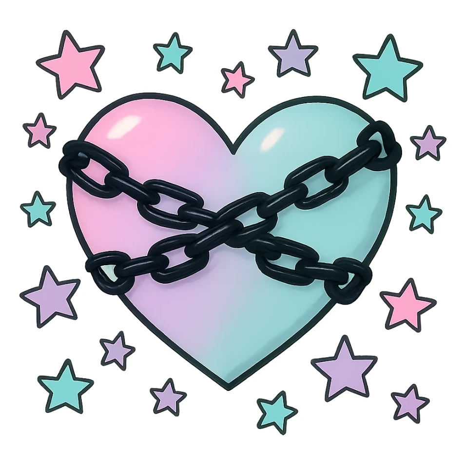 Remove the background, keep the pastel goth heart with pastel stars and black chains, transparent background. sticker