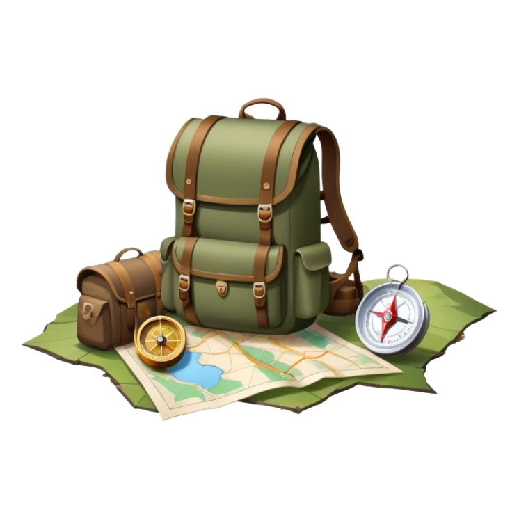 Icon for Expeditions: a compass, a map, and a backpack with trekking gear, placed on a rugged mountain terrain with snow-capped peaks. The icon should evoke the spirit of adventure and discovery in remote, unexplored places. Transparent background. sticker