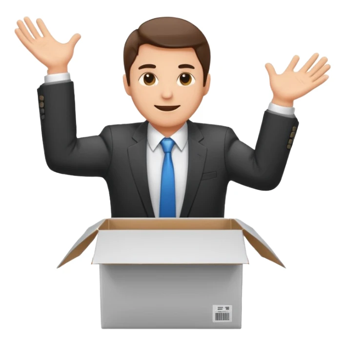 Sticker of a man in a business suit, front view, arms extended forward as if ready to hold a box, friendly expression, clean cartoon style, bold outlines, minimal background, emoji sticker style sticker