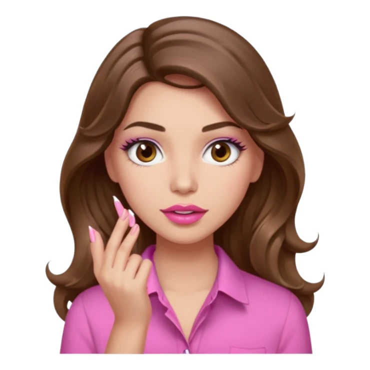 girl with long wavy brown hair, brown eyes, light to medium complexion, in a pink shirt, pink lips, long lashes, puckered lips, showing off a pink manicure sticker