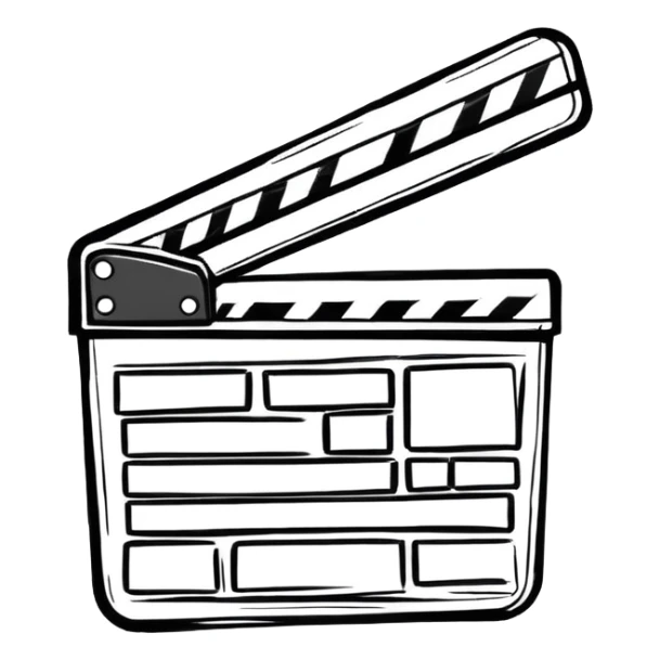 sketch-style movie clapper outline, hand-drawn feeling, just basic shape with diagonal, no fill sticker