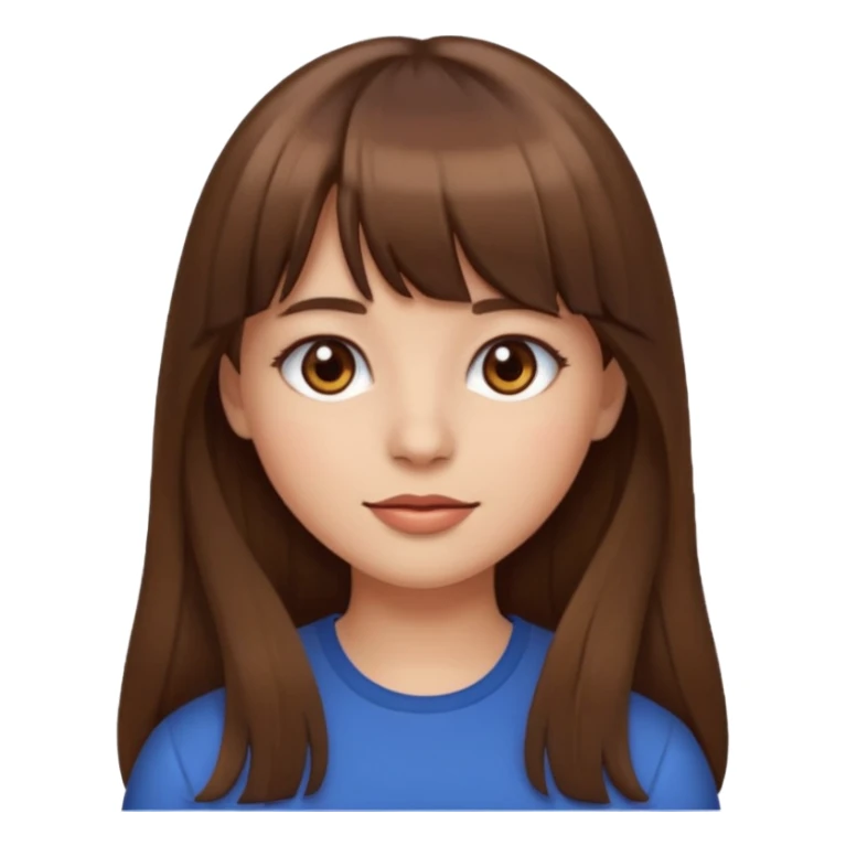 girl emoji style, long brown hair with bangs, brown eyes, subtle makeup sticker