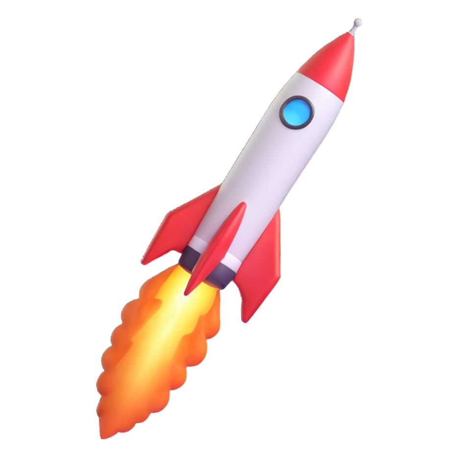 Space rocket, three-dimensional, in a cartoon style, on a white background, bright colors, with a perspective composition, high saturation, prominent details, floating effect, lively atmosphere sticker