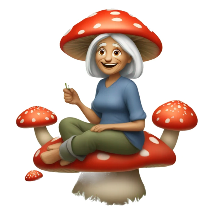 60 year old woman sitting on red mushroom holding daisies sticker