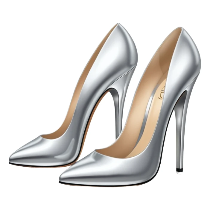 A pair of high heel shoes emoji made of polished silver chrome, elegant sharp silhouette, smooth metallic surface, glossy reflections, luxury sexy vibe, minimalistic iOS emoji style, centered, clean white background sticker