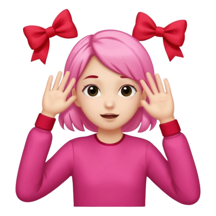 👧🏼🙈🎀🚩: girl with 2 ponytails covering her eyes with both hands, with a cute little pink bow on the side of her hair and below her in the background, 2 big red flags.  sticker
