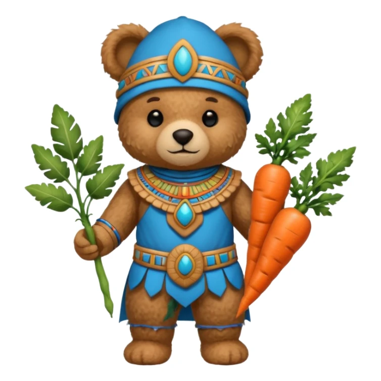teddy bear, wearing blue mayan ancient custome, with carrot half body sticker