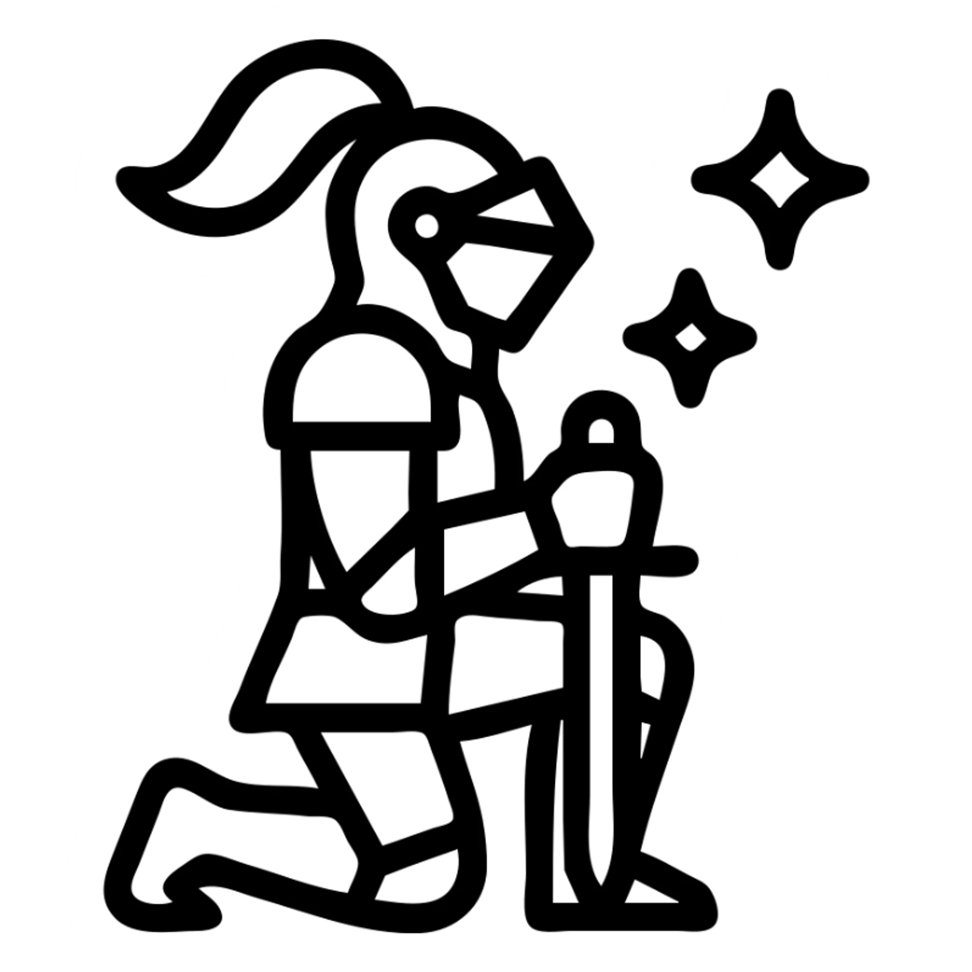 a knight kneeling with sparkles, outlined icon style sticker
