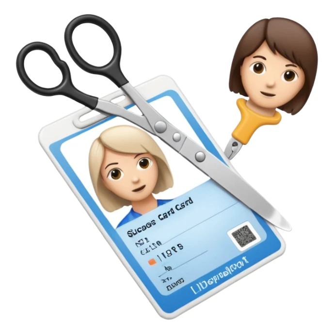 Scissors cutting ID card in 2 parts. Realistic sticker