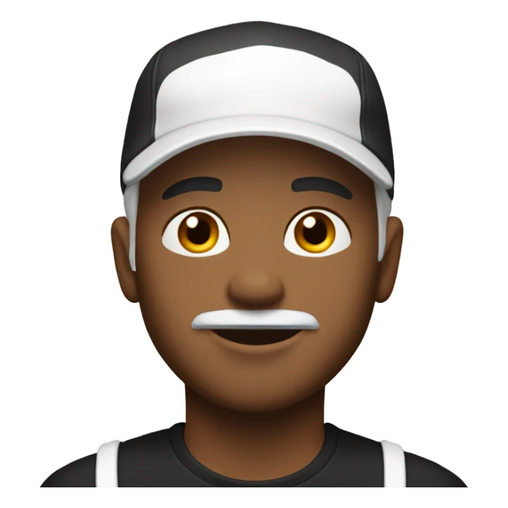 man with white cap, bright skin tone, black t-shirt sticker