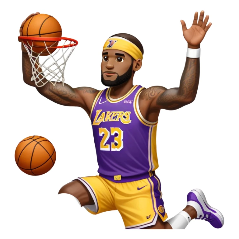 Basketball player LeBron James with headband, Lakers jersey #23, dunking sticker