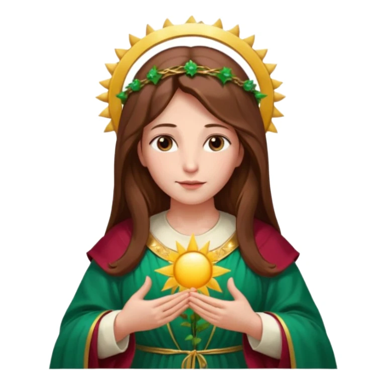 Virgin Mary with a gentle expression, looking down left, long brown hair, emerald green robe with gold stars, burgundy dress, hands in blessing gesture, halo, big sun behind, roses on both sides sticker
