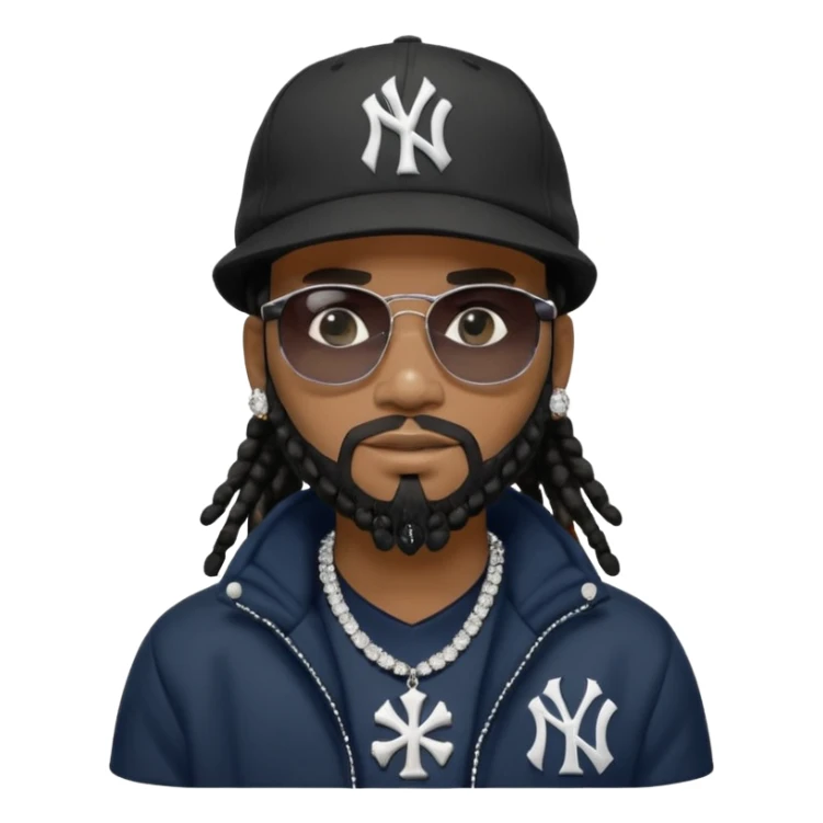 African American man with shoulder length black dreadlocks with black beard wearing black sunglasses wearing a New York Yankees logo baseball cap wearing a black bubble winter coat wearing a diamond grill in mouth with diamond cross necklace on his neck sticker