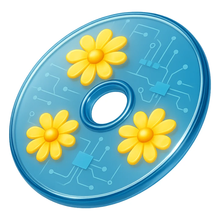 A minimalist CD disc with glowing floral pattern, yellow flowers sticker