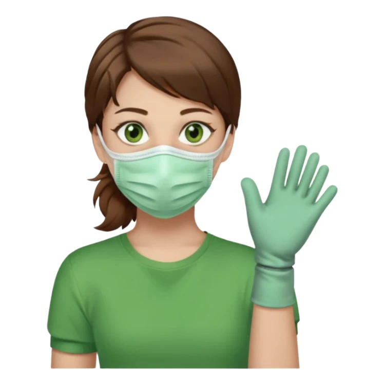 Humano de pelo marrón y ojos verdes, con un cubre boca, que tiene una camisa verde por encima de una remera blanca, y tiene un guante sin dedos en una sola de las manos sticker