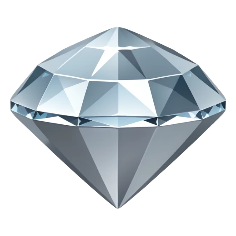 A faceted diamond emoji made of silver chrome, smooth reflective surfaces, soft metallic shine, minimalistic and clean design, iOS emoji style, centered on white background, soft studio lighting sticker