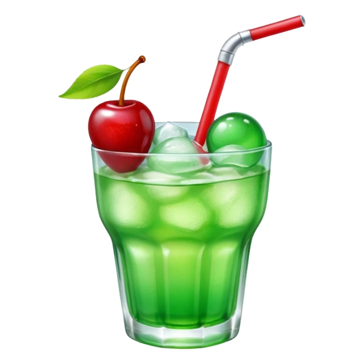 Create an emoji with a very clear rounded glass and ice, bright transparent green soda , a smooth vanilla scoop circle shape, a glossy red cherry, using vibrant colors, soft shading, and clear glass highlights.
 sticker