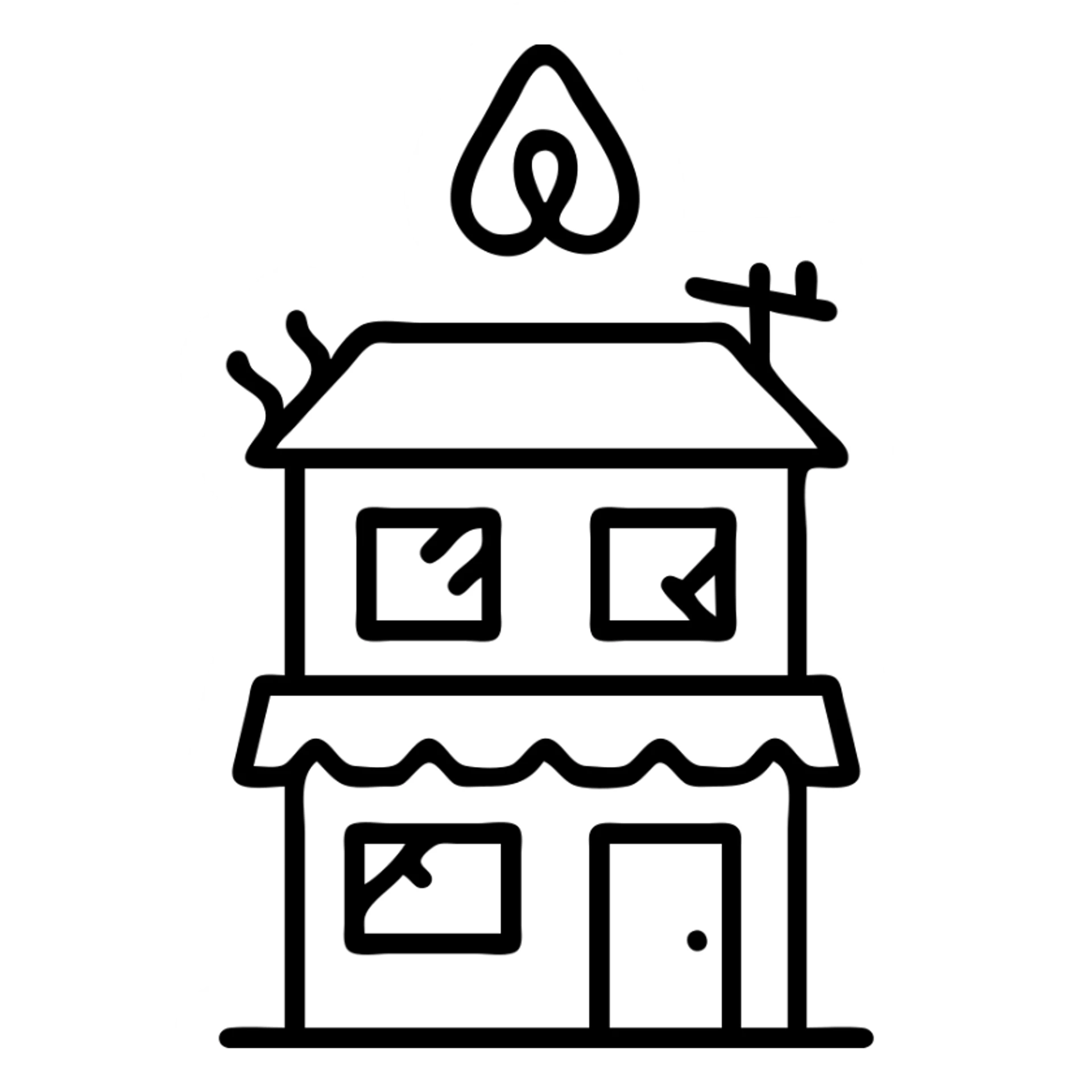 minimalist icon for Airbnb inspired by a run down motel, simple lines, stylized like Airbnb category icons, suggestive of old or shabby motel, no text sticker