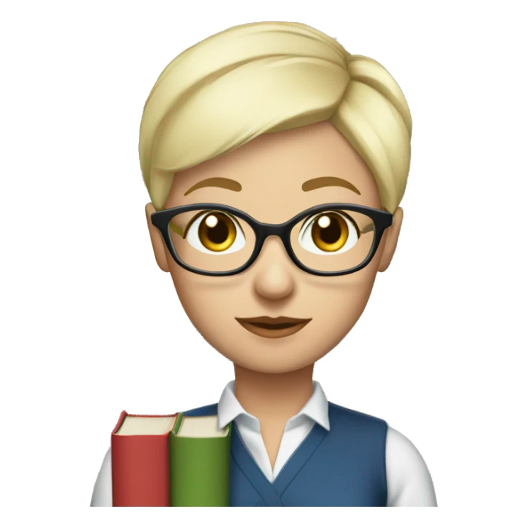 female Teacher with books glasses blonde pixie haircut blue eyes blouse sticker