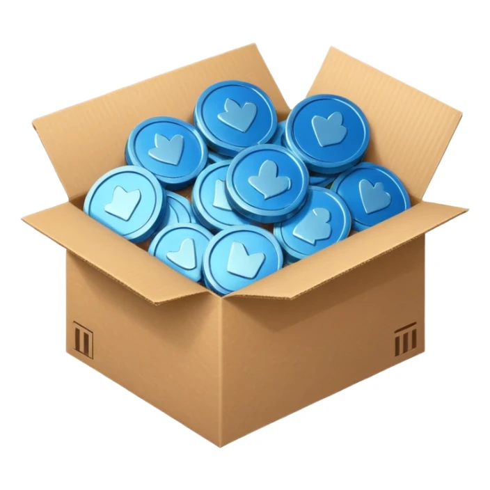 blue coins in a cardboard package sticker