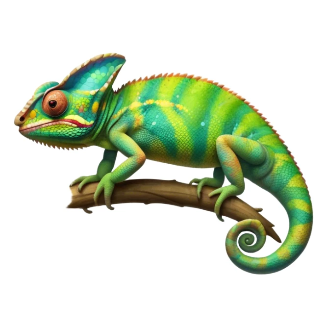 Giant Chameleon blending into natural surroundings, perched on a branch. Its vibrant colors shift with the environment. Lush greenery, branches, and soft sunlight create a peaceful, nature-filled background. Transparent background, showcasing the chameleon's colorful, textured skin. sticker