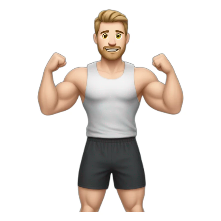 Close up Actively gesturing  with hands Pale skinned Fit Man With the biceps and brown hair in dark gray Sleeveless Mike, black oversize sports shorts, watch and white Sneakers sticker