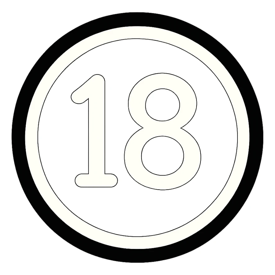 Remove the cartoonish semi truck wheels from the image, leaving just a black circular badge with a white number 18 in the middle. Keep the background transparent. The badge should be simple and clear with the number 18 centered. sticker
