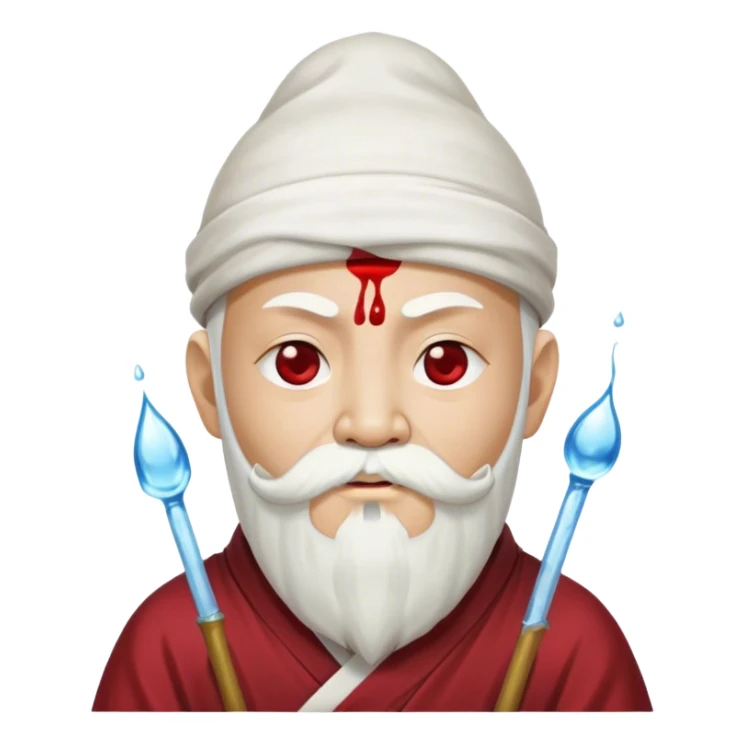 water monk gyatso avatar with white beard and moustache with Nepolion white hat with blood spritzing from one eyte sticker